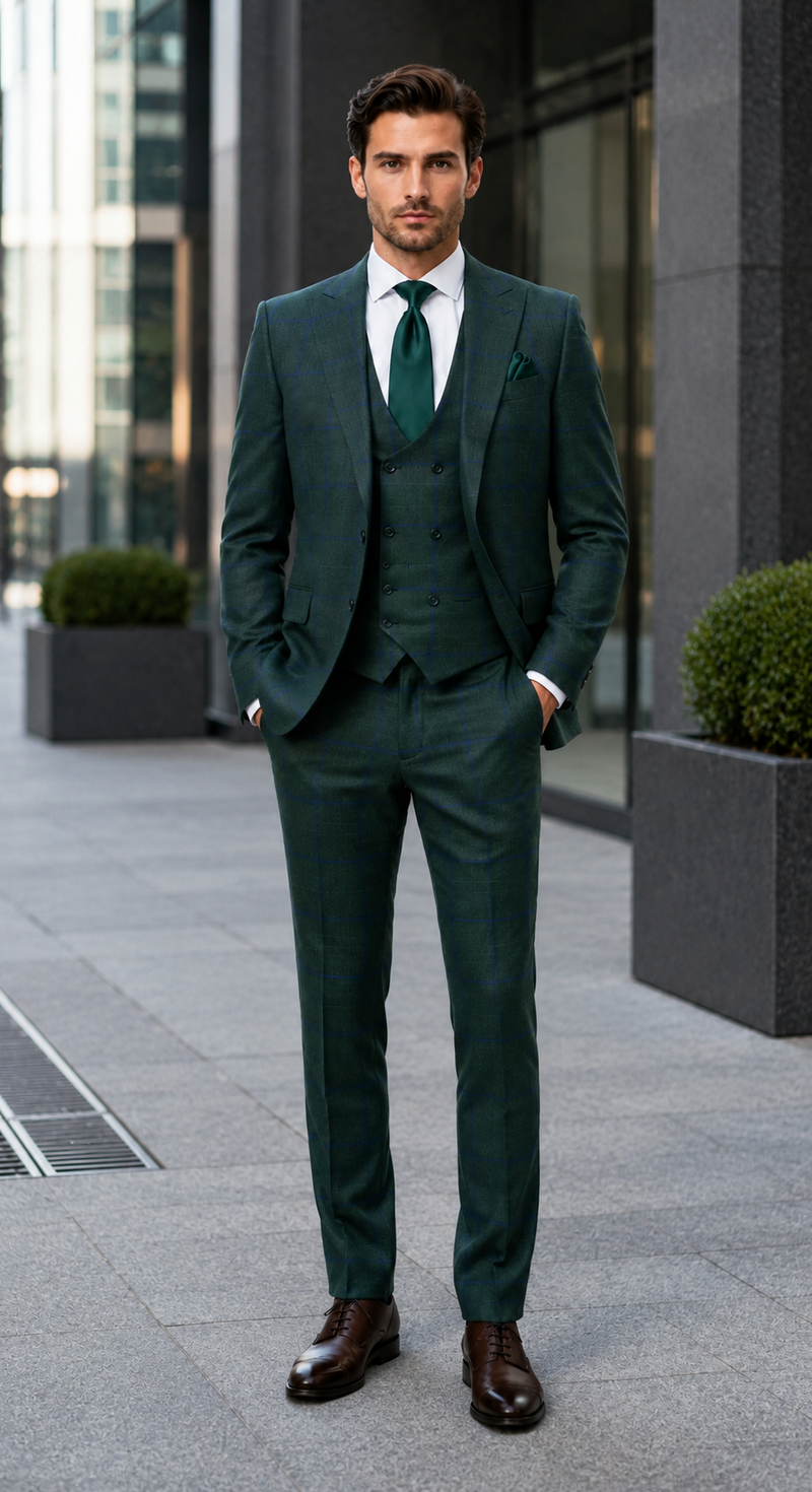 Mens Green Plaid 3-Piece Suit - Classic Check Slim Fit Suit for Weddings, Church, and Formal By Rossiman