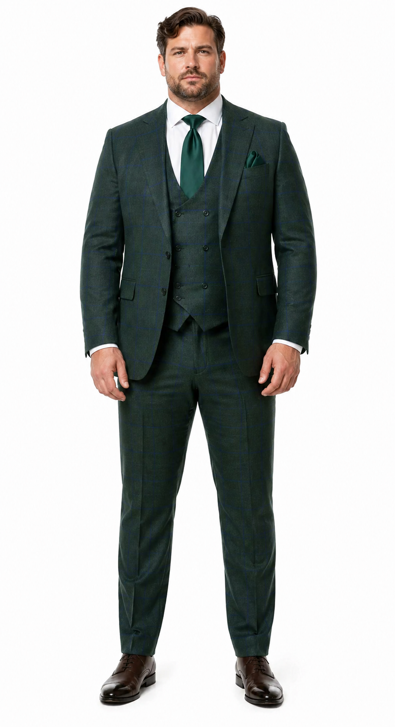Mens Green Plaid 3-Piece Suit - Classic Check Slim Fit Suit for Weddings, Church, and Formal By Rossiman
