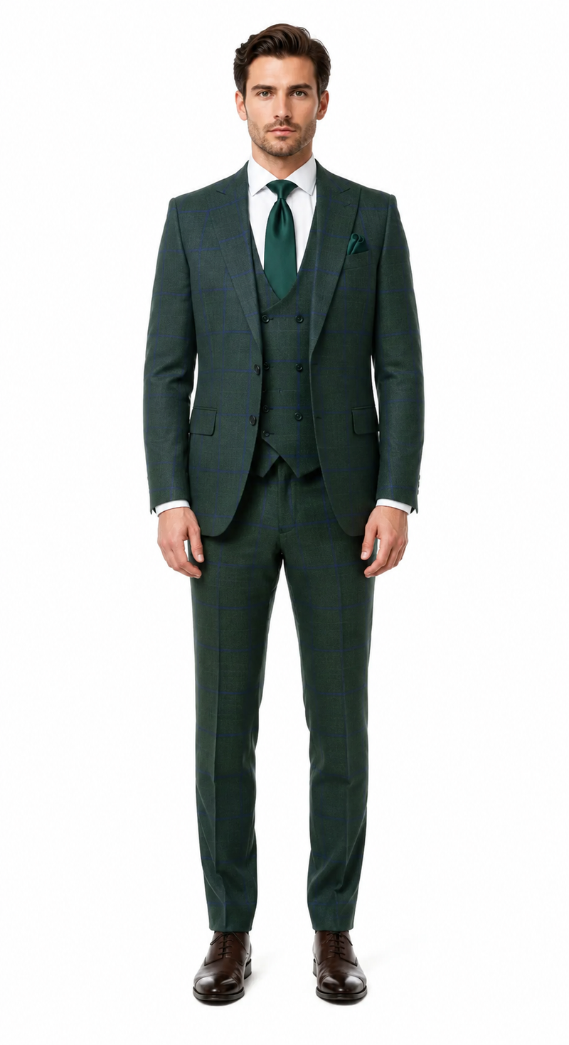 Mens Green Plaid 3-Piece Suit - Classic Check Slim Fit Suit for Weddings, Church, and Formal By Rossiman