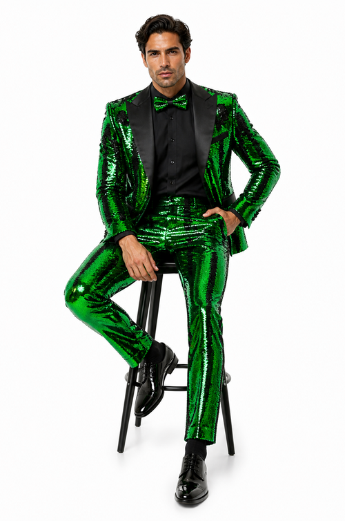 Men's Green Sequin Tuxedo Jacket with Black Satin Lapel and Bow Tie – Sparkling Party and Stage Blazer By Alberto Nardoni