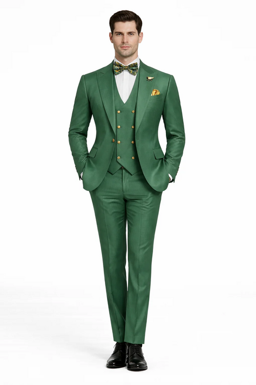 Men’s Green Slim Fit Suit by Rossiman – Stylish Double-Breasted Vest & Flat Front Pants