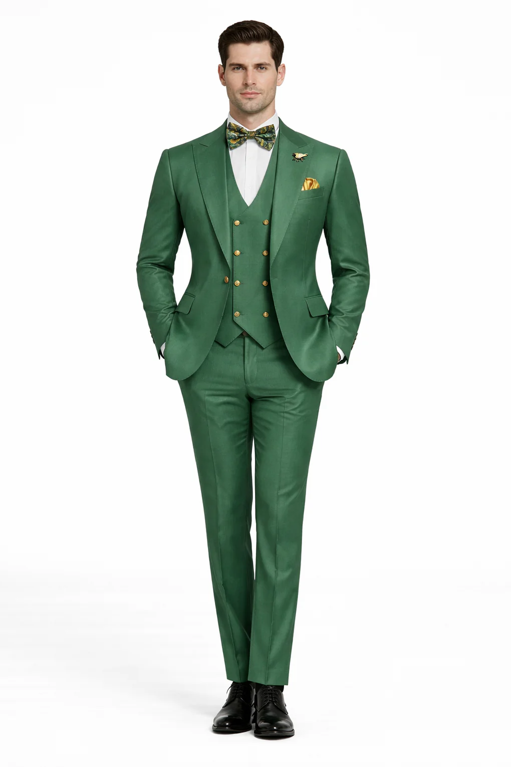 Men’s Green Slim Fit Suit by Rossiman – Stylish Double-Breasted Vest & Flat Front Pants