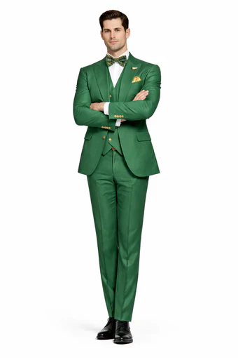 Men’s Green Slim Fit Suit by Rossiman – Stylish Double-Breasted Vest & Flat Front Pants