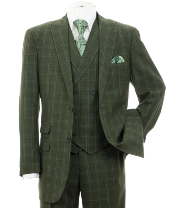 Men’s Green Windowpane Blazer – Two-Button Plaid Sport Coat for Weddings, Business and Modern Fit