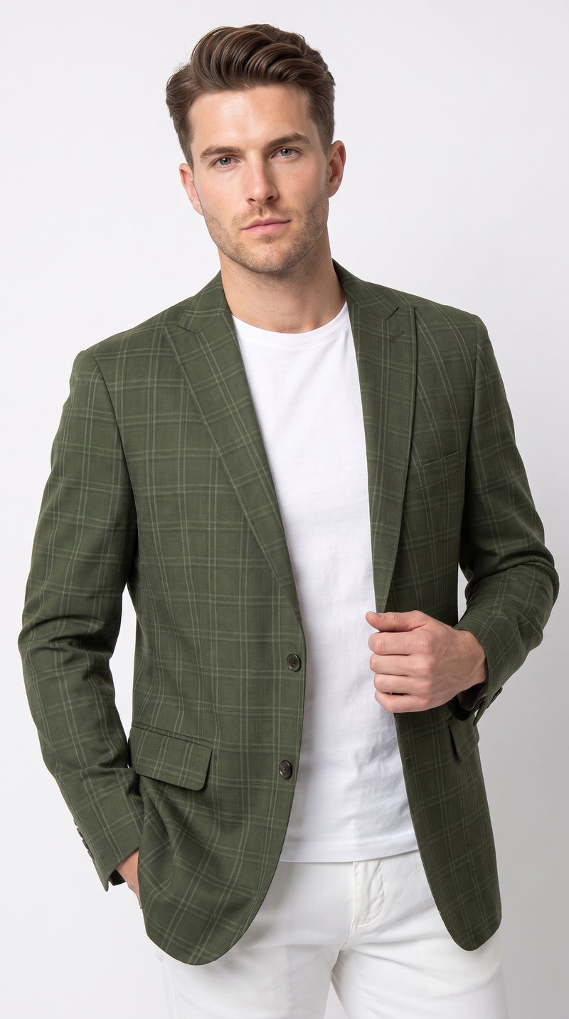 Men’s Green Windowpane Blazer – Two-Button Plaid Sport Coat for Weddings, Business and Modern Fit