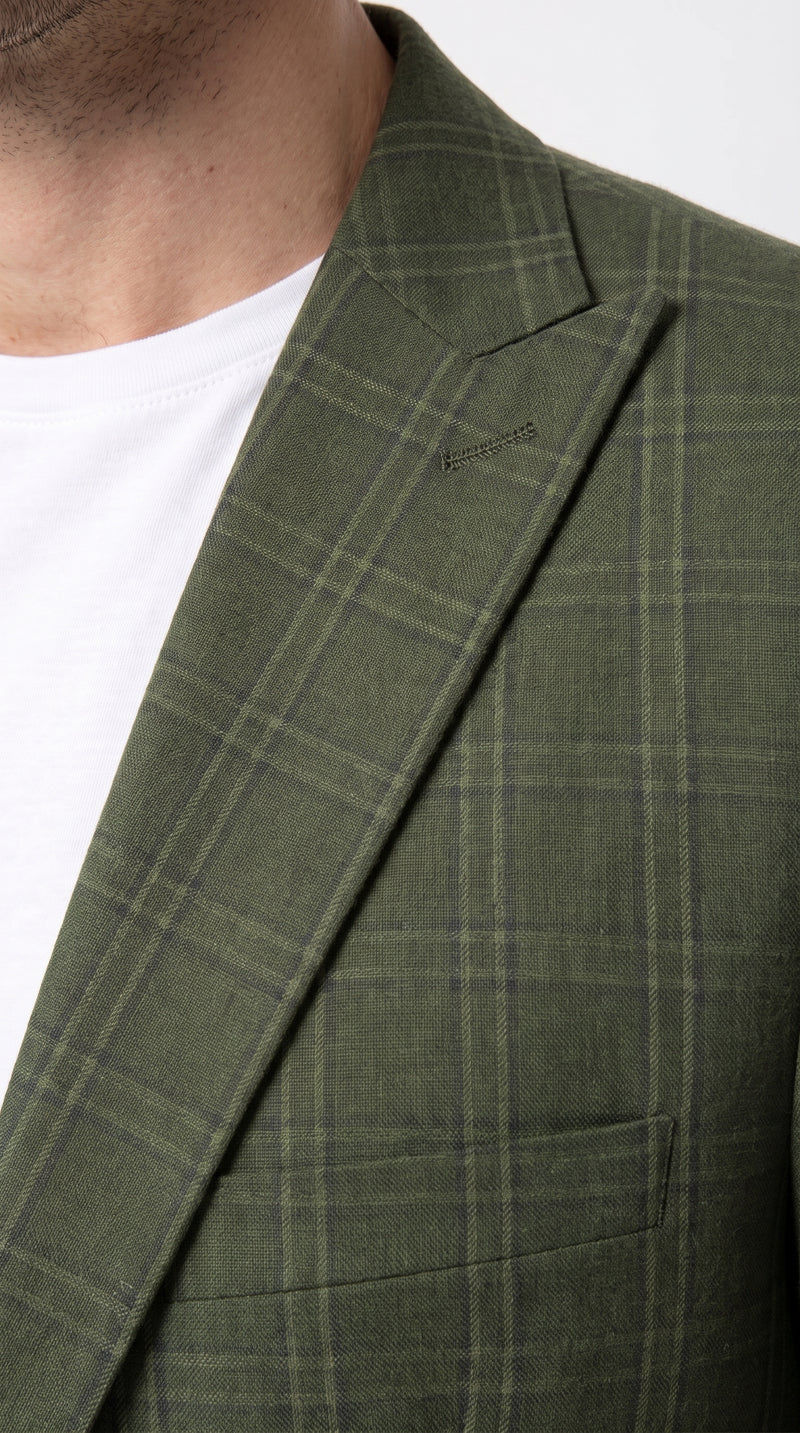 Men’s Green Windowpane Blazer – Two-Button Plaid Sport Coat for Weddings, Business and Modern Fit