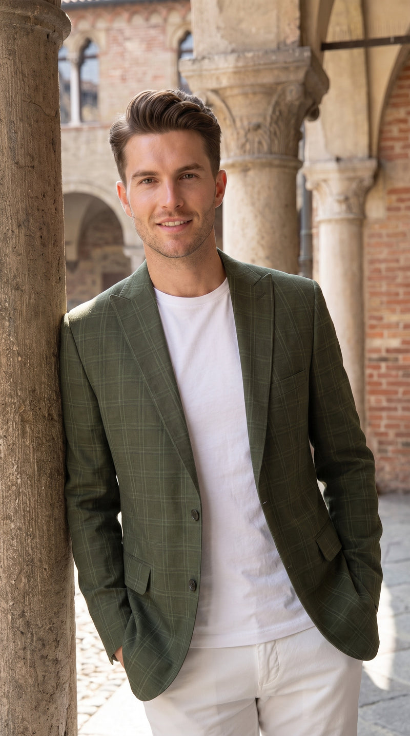 Men’s Green Windowpane Blazer – Two-Button Plaid Sport Coat for Weddings, Business and Modern Fit