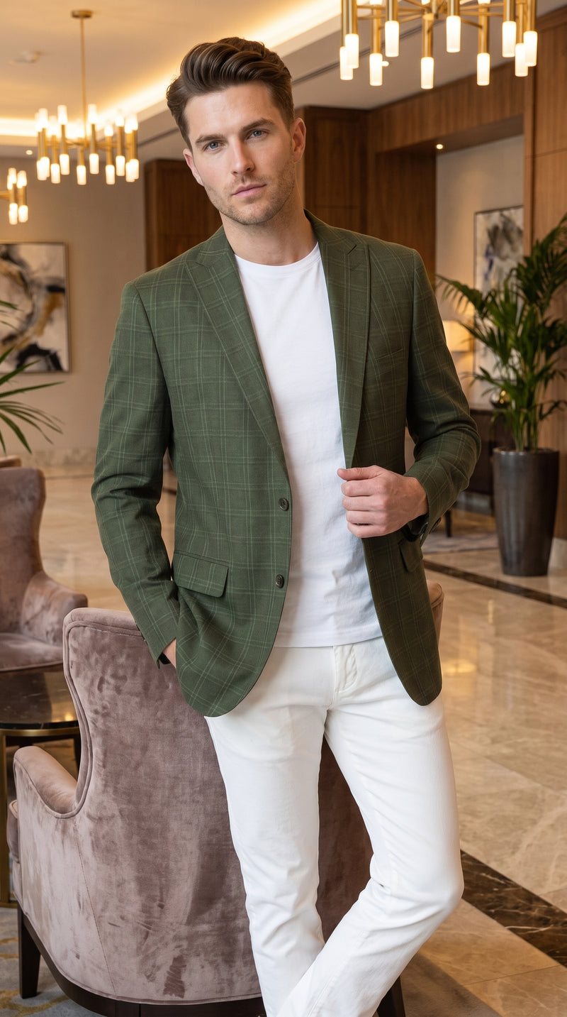 Men’s Green Windowpane Blazer – Two-Button Plaid Sport Coat for Weddings, Business and Modern Fit