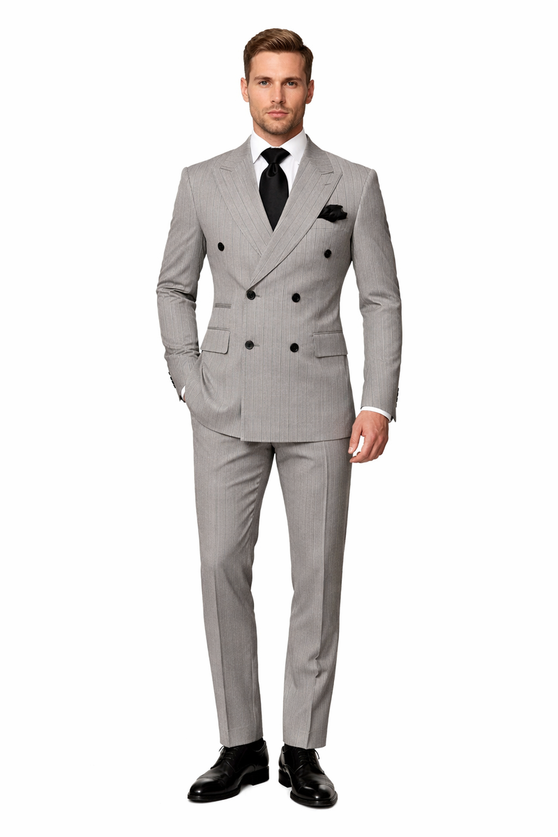 Mens Grey and Black Pinstripe Double-Breasted Suit 1920s Gangster Vintage Looking suit By Rossiman
