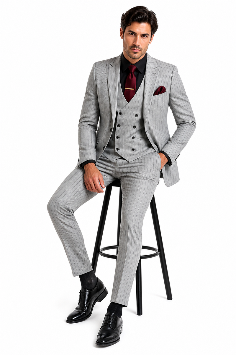 Men's Grey and Black Pinstripe Three-Piece Suit 1920s Suit Gangster Stripe Vintage Look