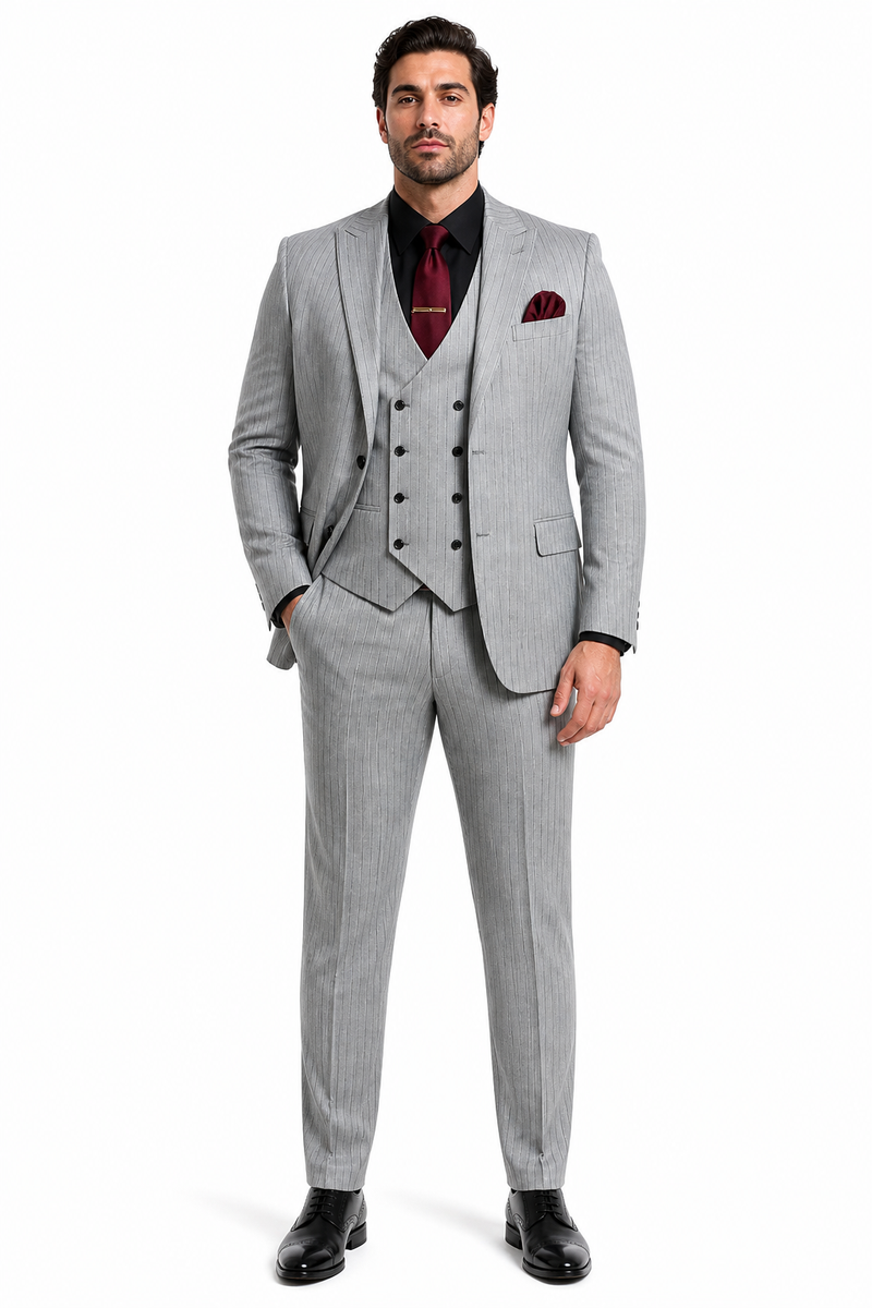Men's Grey and Black Pinstripe Three-Piece Suit 1920s Suit Gangster Stripe Vintage Look