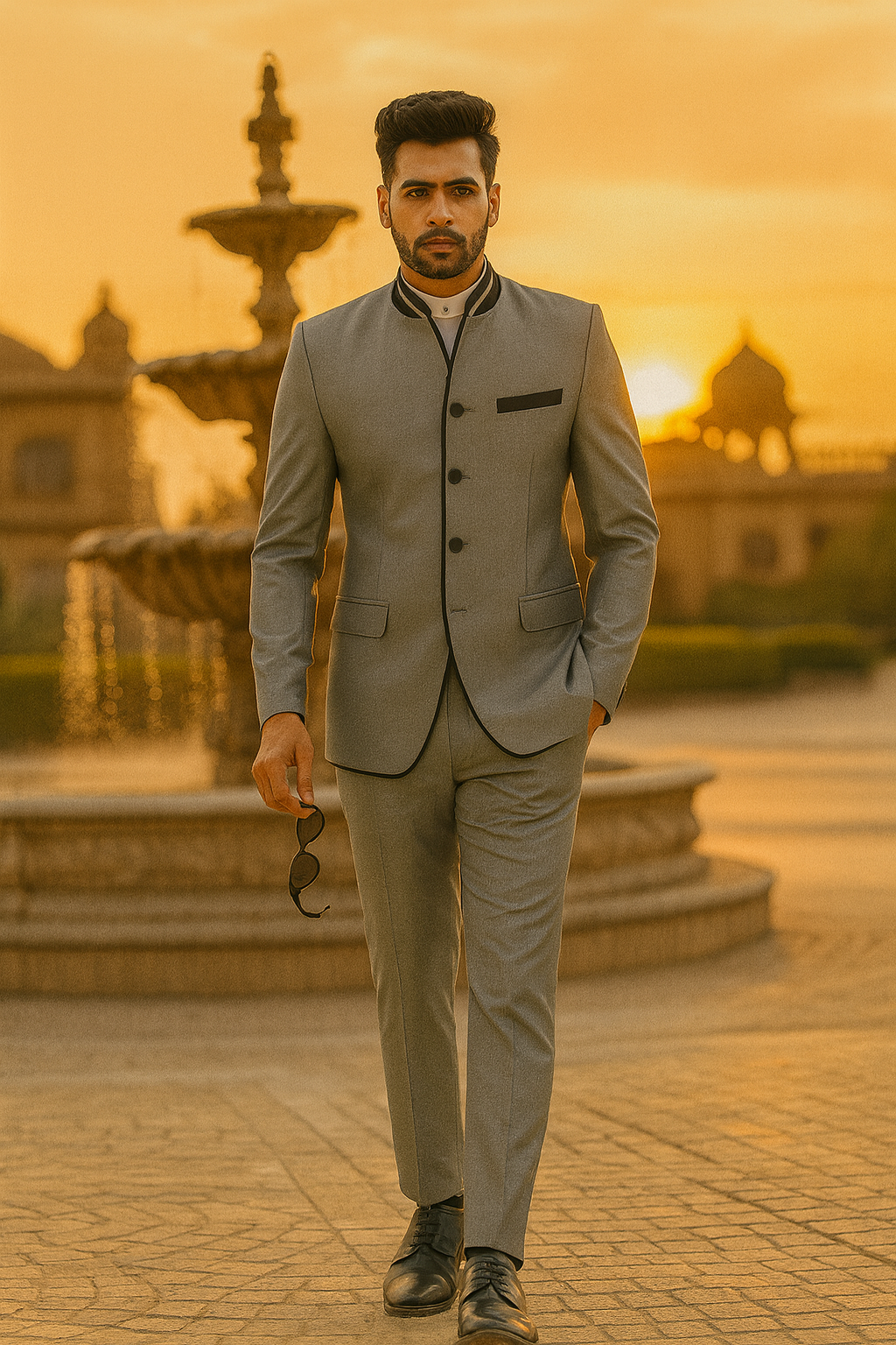 Mens 4 button Mandarin Tuxedo in Sharkskin Silver Grey with Black Trim