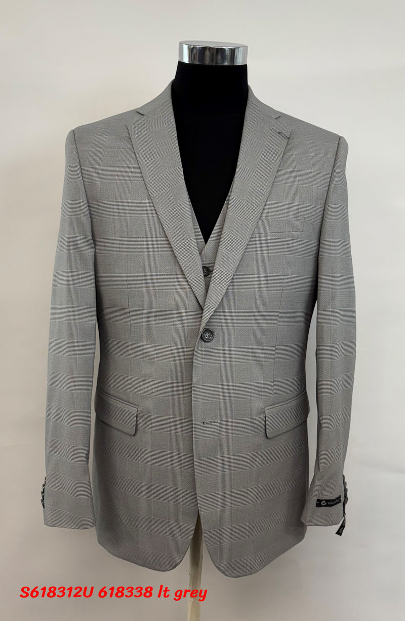 Men’s Grey Plaid 3-Piece Tailored Fit Suit with Vest