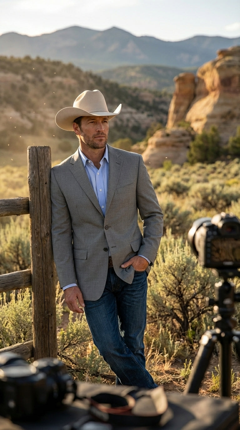Mens Grey Western Three Button Blazer – Classic Cowboy Style Formal Jacket Business Casual Sport Coat