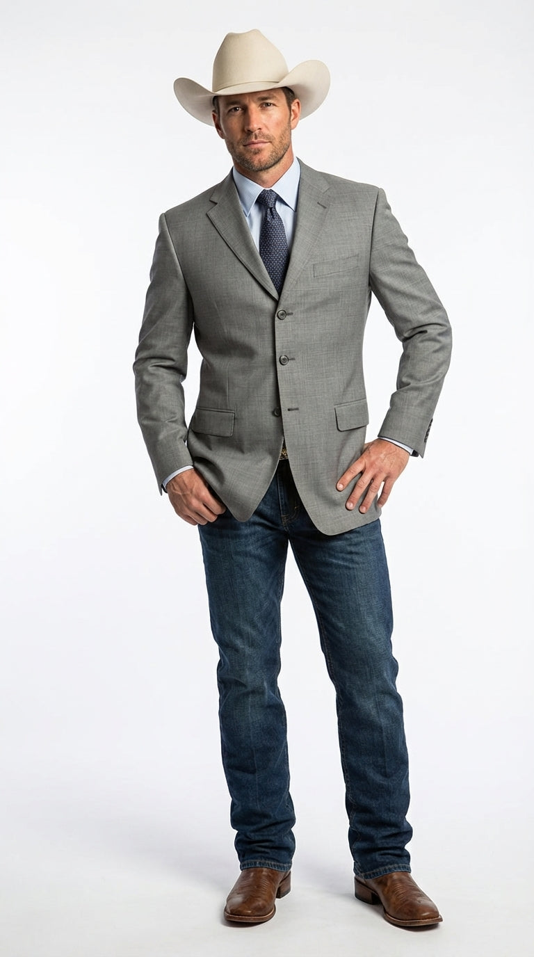 Mens Grey Western Three Button Blazer – Classic Cowboy Style Formal Jacket Business Casual Sport Coat