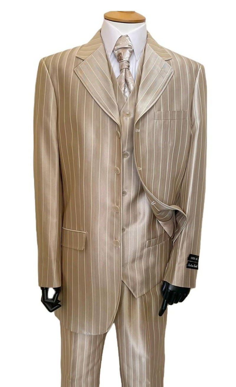 Gold champagne men's zoot suit: double-breasted jacket with peak lapel, tan stripes. Matching loose-fit trousers and vest. Glossy gold fabric, possibly silk or satin.