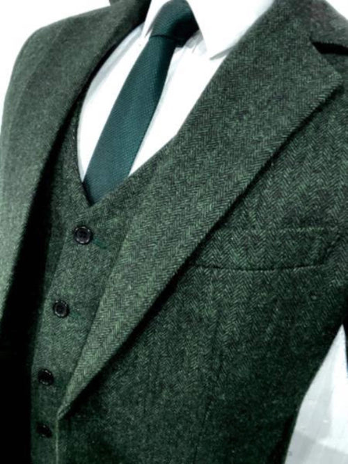 Green Tweed Suit - Green Herringbone Fabric Suit - Vintage English Suit