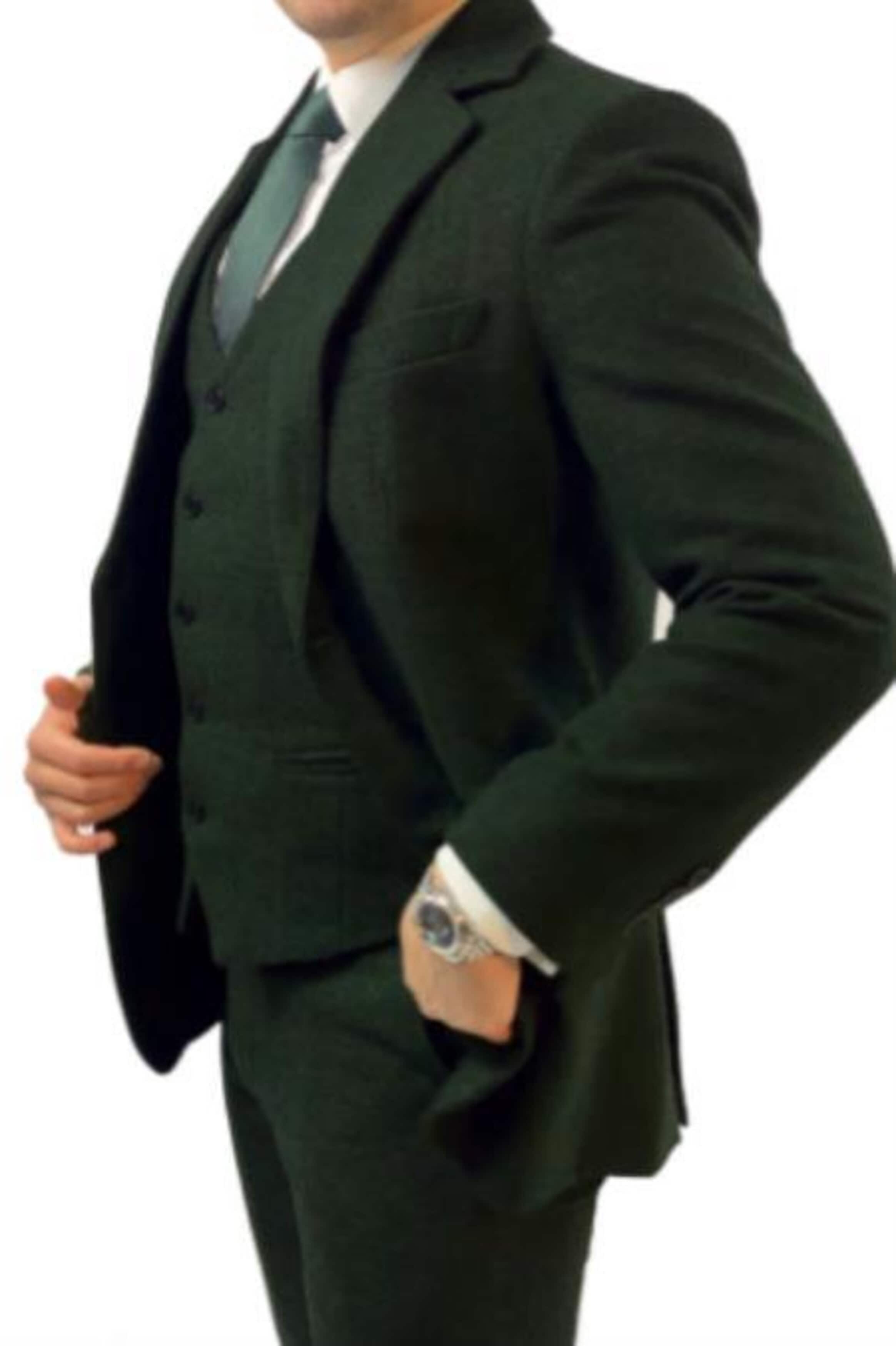 Green Tweed Suit - Green Herringbone Fabric Suit - Vintage English Suit