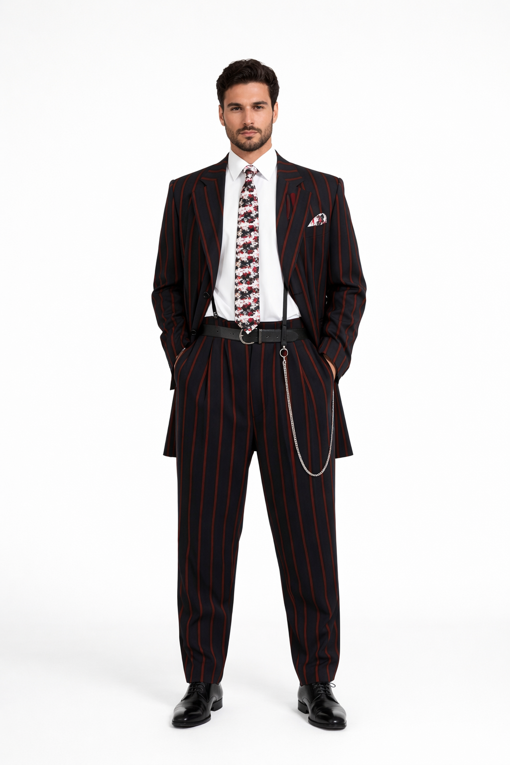 Mens High Fashion Vested Black And Red Pinstripe Zoot Suit For Sale ~ Pachuco Mens Suit Perfect For Wedding