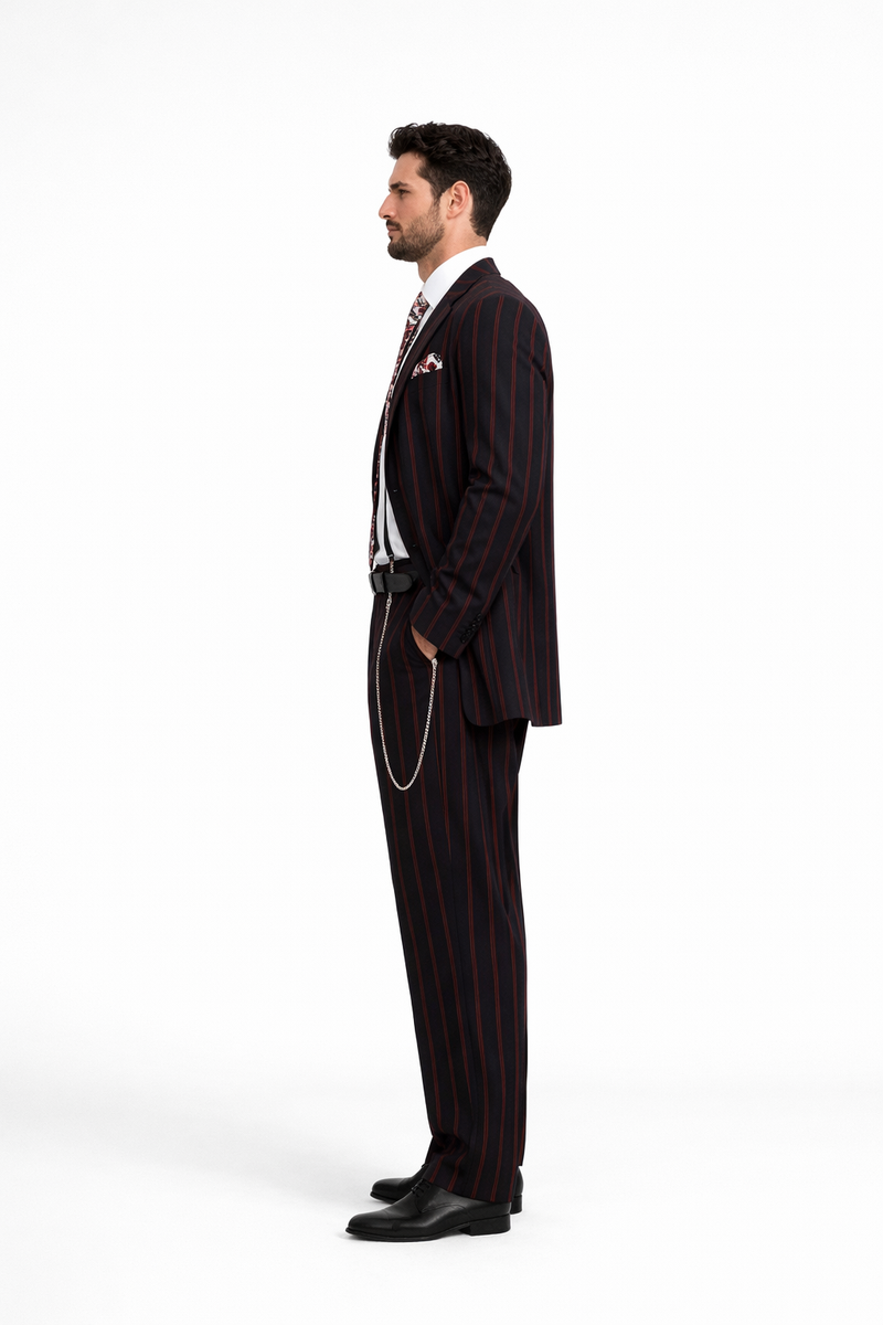 Mens High Fashion Vested Black And Red Pinstripe Zoot Suit For Sale ~ Pachuco Mens Suit Perfect For Wedding