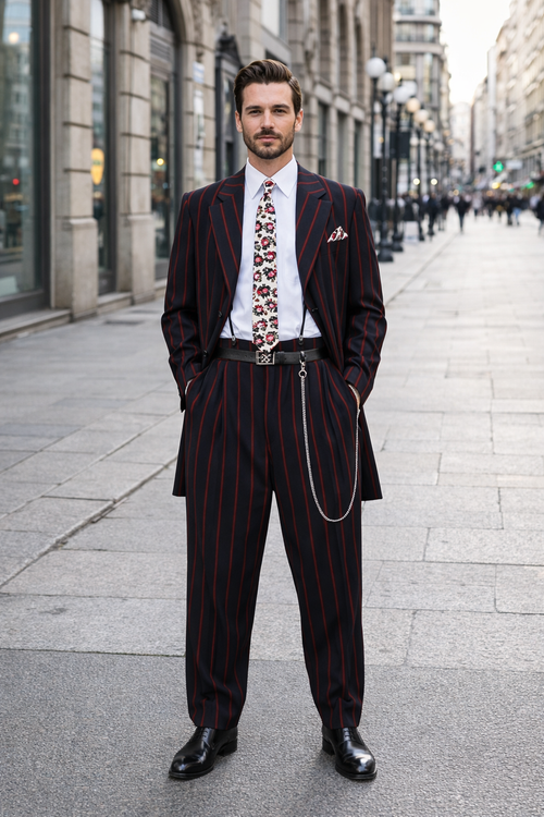 Mens High Fashion Vested Black And Red Pinstripe Zoot Suit For Sale ~ Pachuco Mens Suit Perfect For Wedding