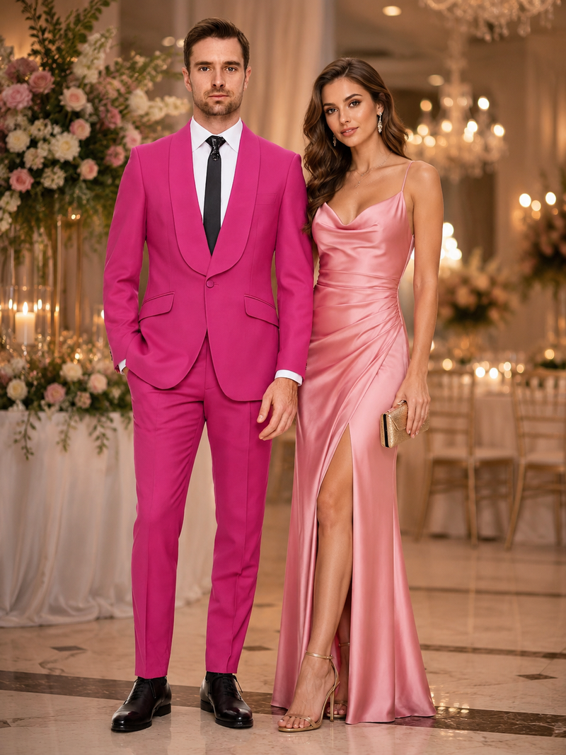 Mens Hot Pink Tuxedo Dinner Jacket + Pants with Shawl Lapel - Slim Fit 2-Piece Suit for Weddings, Proms Suit in Fuchsia Colors