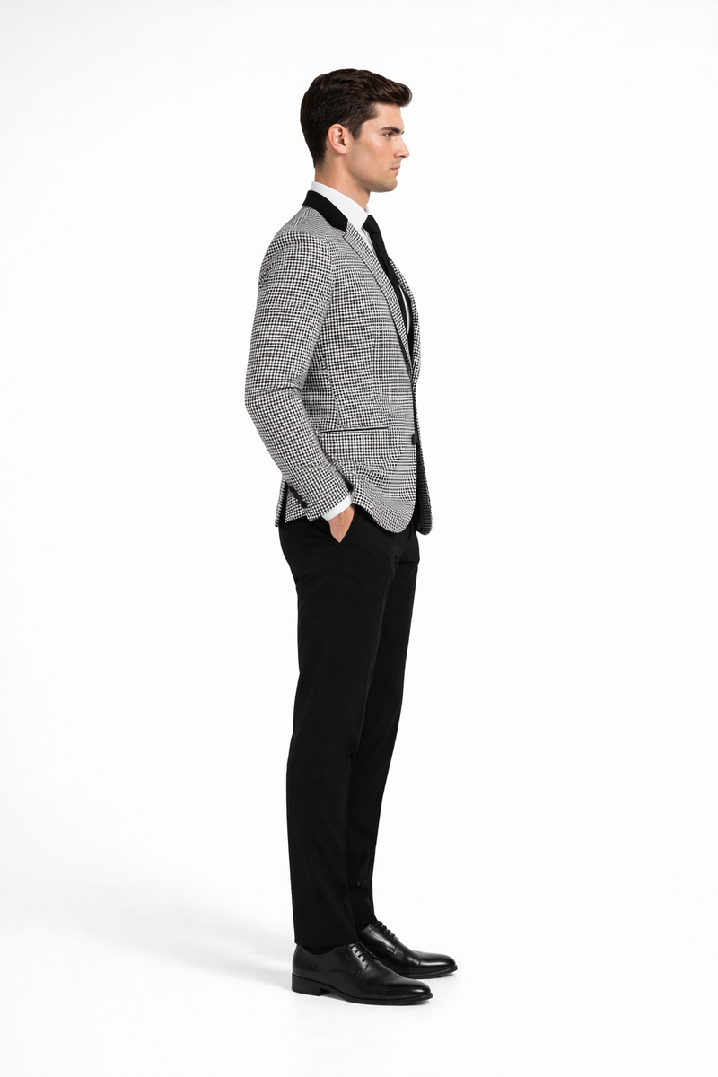 Mens Houndstooth Blazers Mens Two Button houndstooth checkered Designed Black ~ White Blazer