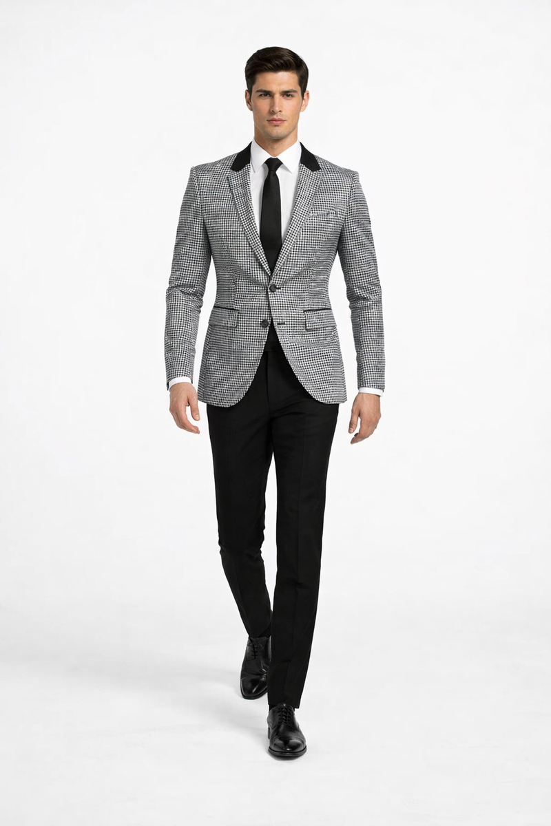 Mens Houndstooth Blazers Mens Two Button houndstooth checkered Designed Black ~ White Blazer