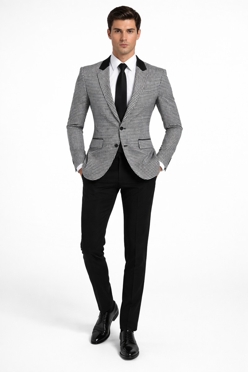 Mens Houndstooth Blazers Mens Two Button houndstooth checkered Designed Black ~ White Blazer