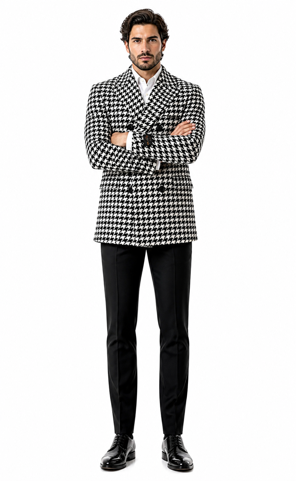 Mens Houndstooth Double-Breasted Wool Peacoat – Black and White Wool Short Coat Slim Fit