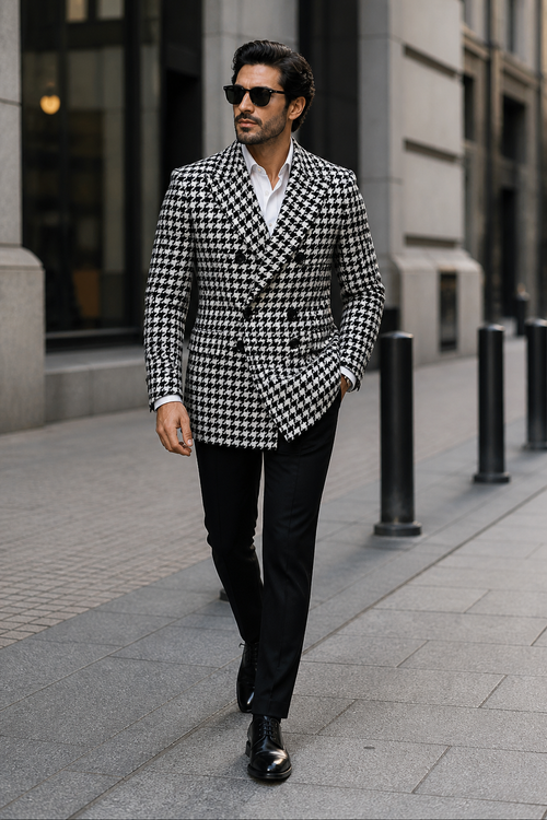 Mens Houndstooth Double-Breasted Wool Peacoat – Black and White Wool Short Coat Slim Fit