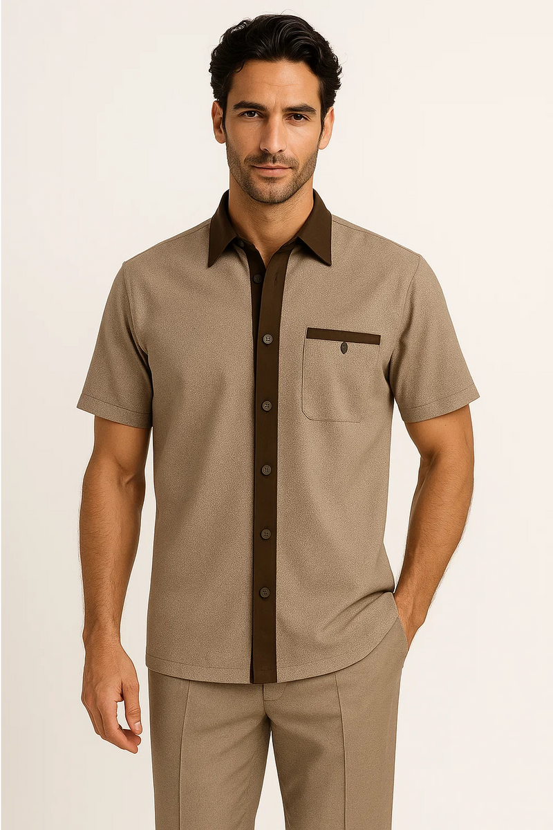 Men's two-piece houndstooth walking suit in brown and tan. Short-sleeve shirt with dark brown collar & pocket, matching pants. Classic houndstooth pattern on both pieces.