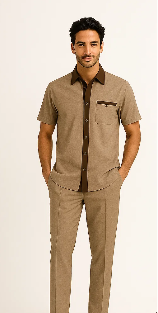 Men's houndstooth walking suit: brown/tan short-sleeve shirt with dark brown collar/pocket, and matching slim-fit, ankle-length trousers. Textured houndstooth pattern throughout.