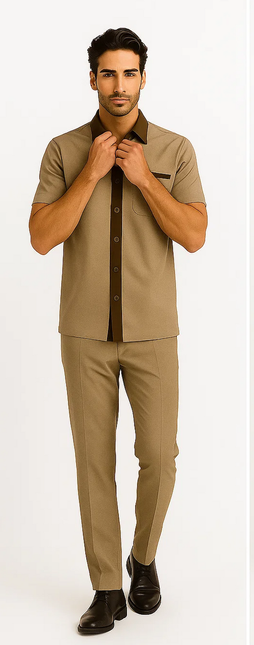 Men's houndstooth walking suit: brown-tan short-sleeve shirt with dark collar, pocket, and matching slim-fit trousers. Smooth, tailored fabric with vertical pant seam.