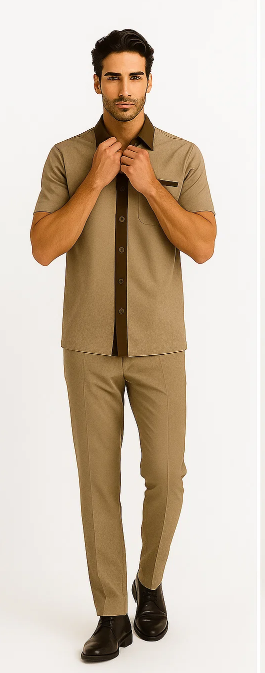 Men's houndstooth walking suit: brown-tan short-sleeve shirt with dark collar, pocket, and matching slim-fit trousers. Smooth, tailored fabric with vertical pant seam.