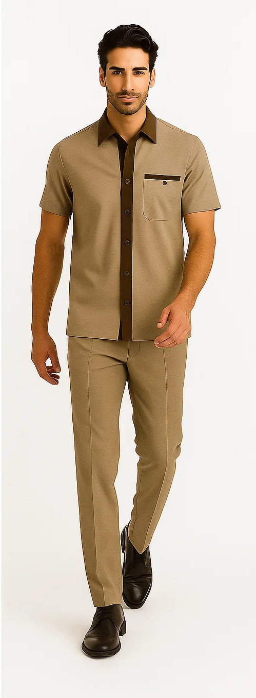 Men's houndstooth walking suit in brown/tan. Two-piece set with short-sleeve shirt (brown collar, chest pocket) and fitted pants. Coordinated color palette.