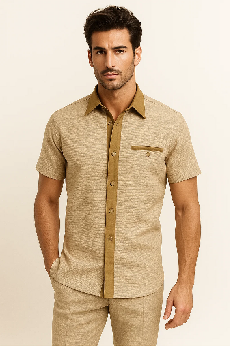 Men's houndstooth walking suit. Short-sleeve shirt with camel base, brown collar, chest pocket, and front buttons.