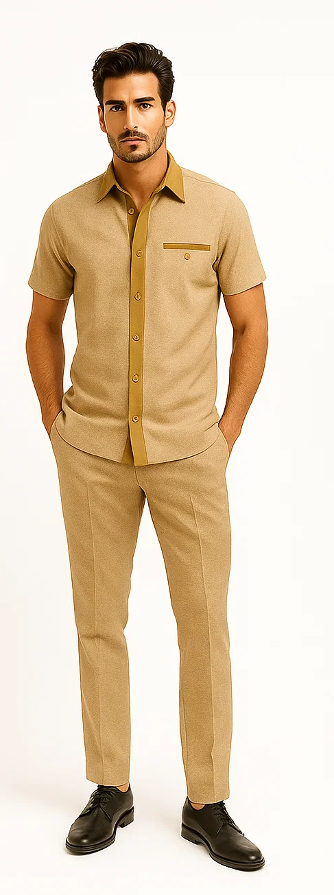 Men's camel houndstooth walking suit. Short-sleeve button-up shirt with contrast collar and chest pocket, paired with matching trousers. Classic style.