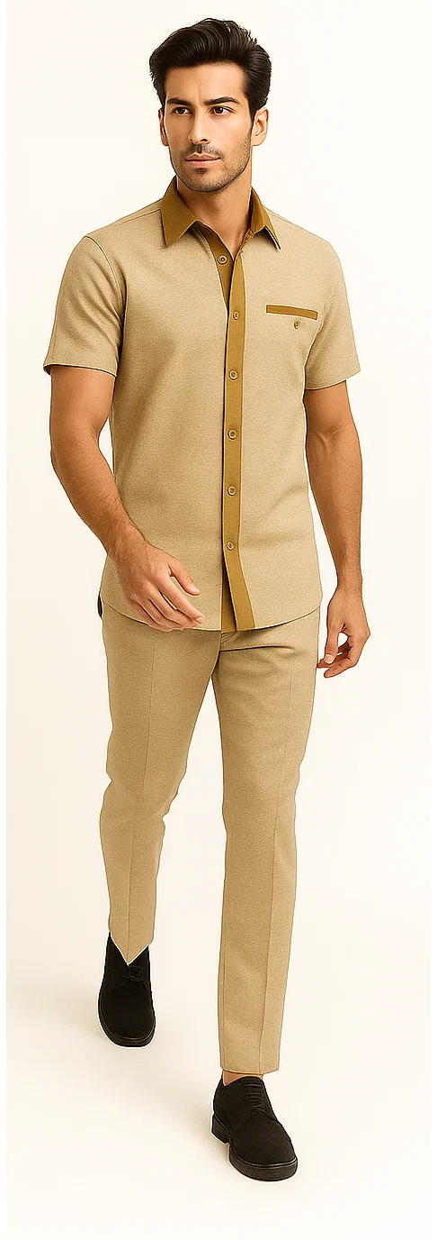 Men's camel houndstooth walking suit: short-sleeve shirt with contrasting collar & chest pocket, button-down. Slim-fit pants. Smooth fabric, tailored for a cohesive, streamlined look. Two-piece set.