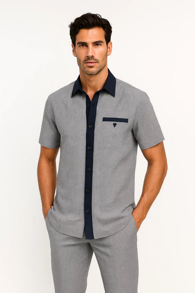 Men's houndstooth walking suit: short-sleeved shirt & pants. Lightweight fabric, navy collar & buttons. Navy/white houndstooth pattern on both shirt and pants for a coordinated look.