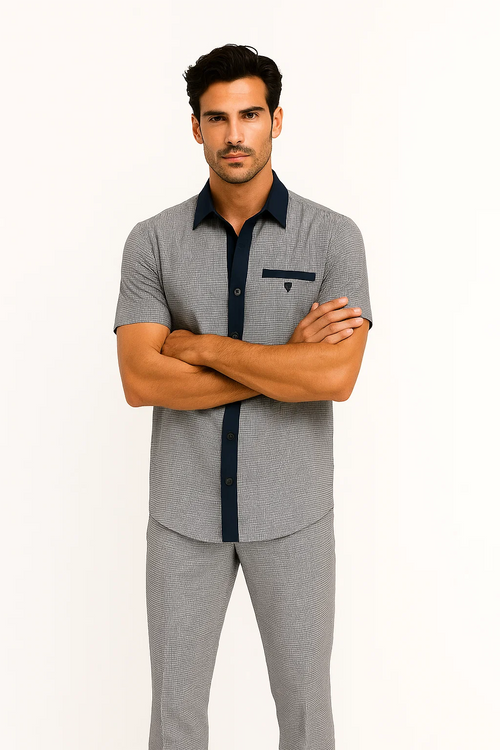 Men's houndstooth walking suit: short-sleeve button-up shirt and fitted pants. Navy blue collar/pocket trim, navy/white houndstooth pattern. Smooth, sleek fabric for comfort.