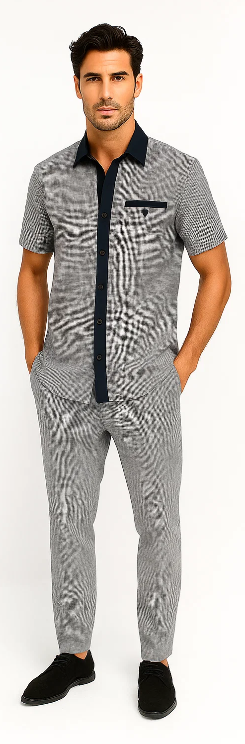 Men's houndstooth walking suit: short-sleeve button-up shirt and tailored pants. Navy & white houndstooth, with navy collar and pocket.
