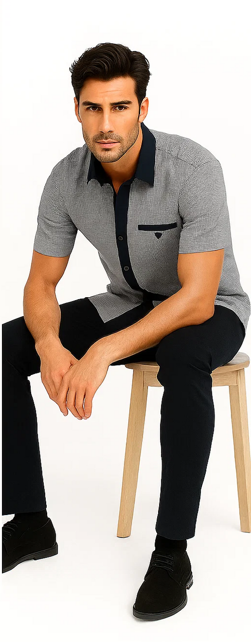 Men's two-piece walking suit: short-sleeved navy & white houndstooth shirt with dark collar and pocket, paired with fitted solid navy pants.