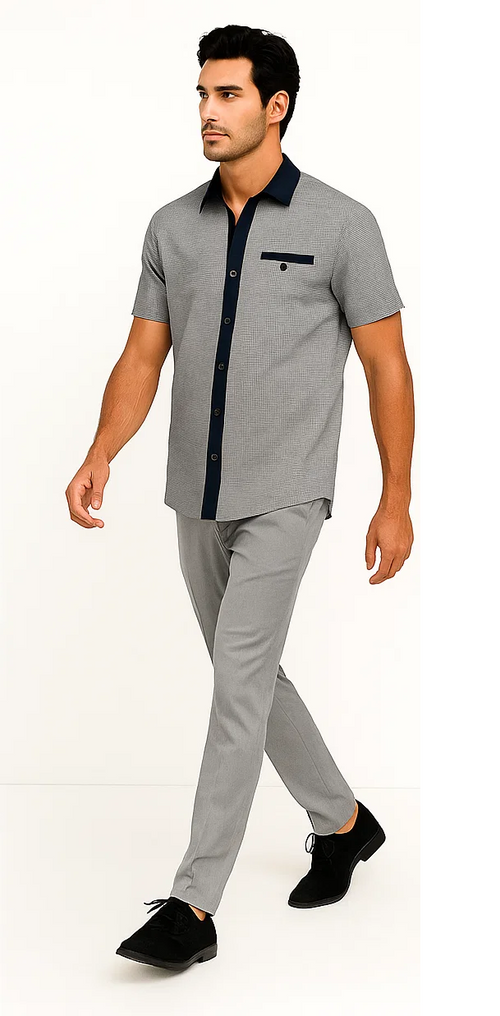 Men's houndstooth walking suit: Navy and white houndstooth short-sleeved shirt with navy collar & pocket. Paired with light grey, straight-leg trousers.