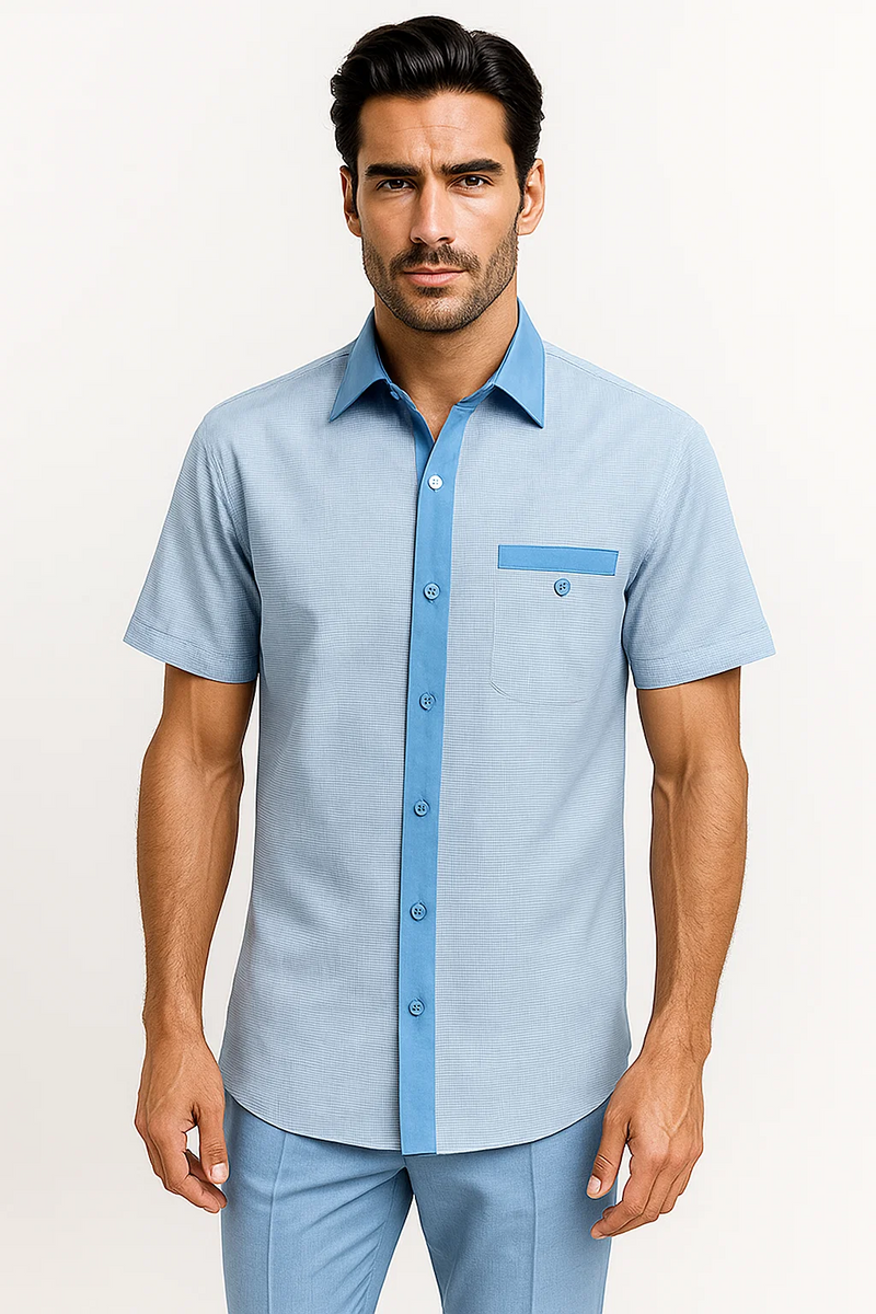 Sky blue men's houndstooth walking suit. Two-piece set: short-sleeve button-up shirt with structured collar & chest pocket, and matching straight-leg pants. Contrasting blue details.