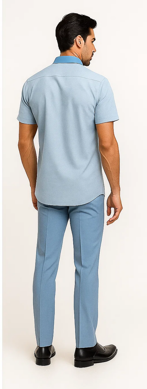 Sky blue men's walking suit: short-sleeve shirt with structured collar, button closure, curved hem. Straight-leg pants with front creases. Smooth, lightweight fabric, fitted silhouette.