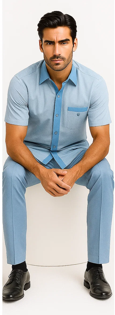 Men's houndstooth walking suit: Light sky blue short-sleeve shirt with contrasting collar/pocket paired with matching fitted sky blue pants. A cohesive, stylish outfit.