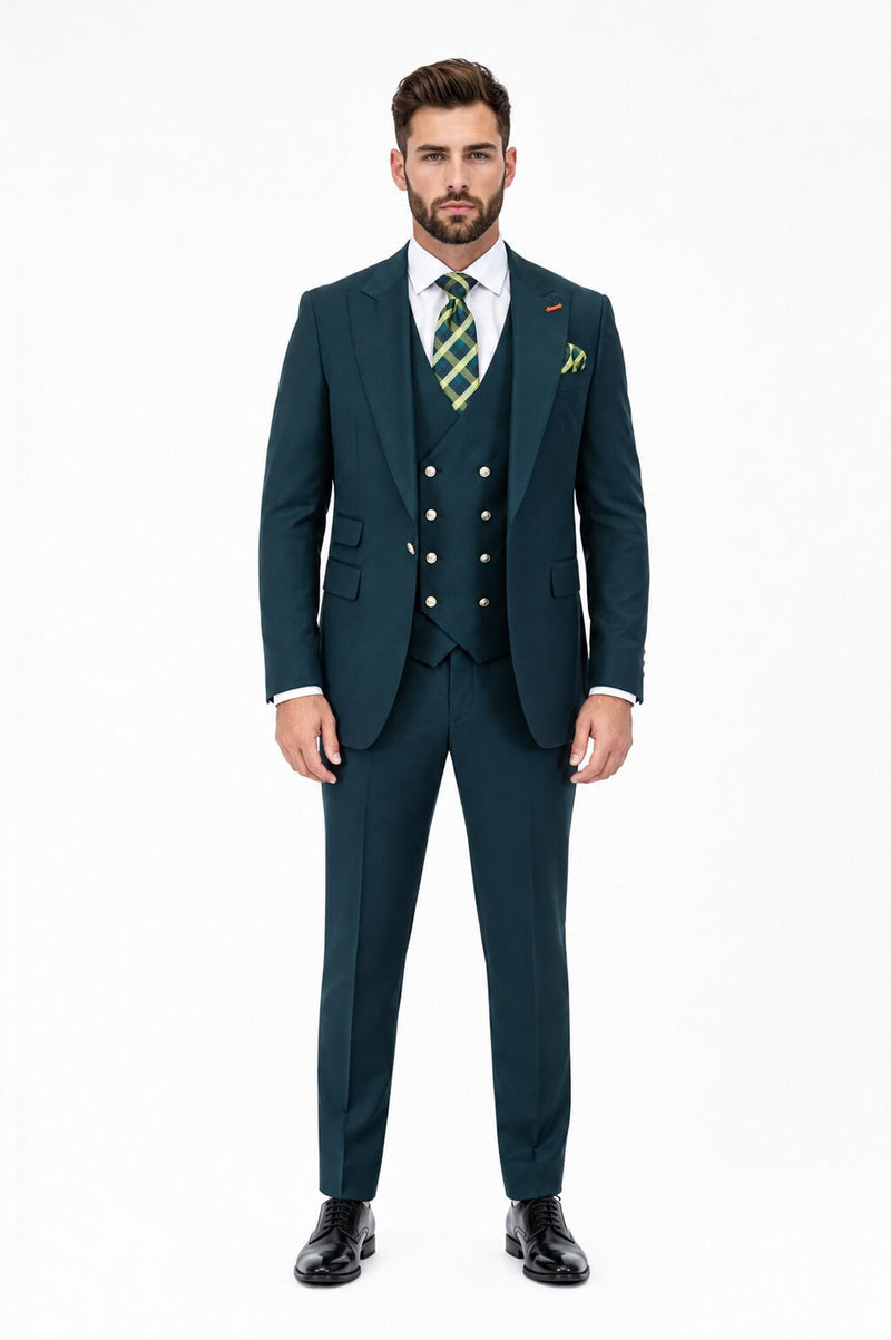 Men's Hunter Statement Ticket Pocket Peak Lapel Wool Double Breasted Vest Suit with Silver Buttons – Modern Fit