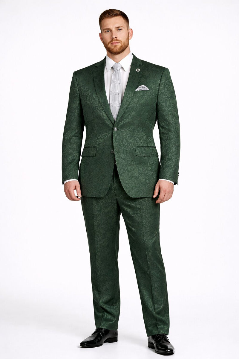 Mens Paisley Prom Suit in Hunter Green – Slim Fit Formal Party Outfit