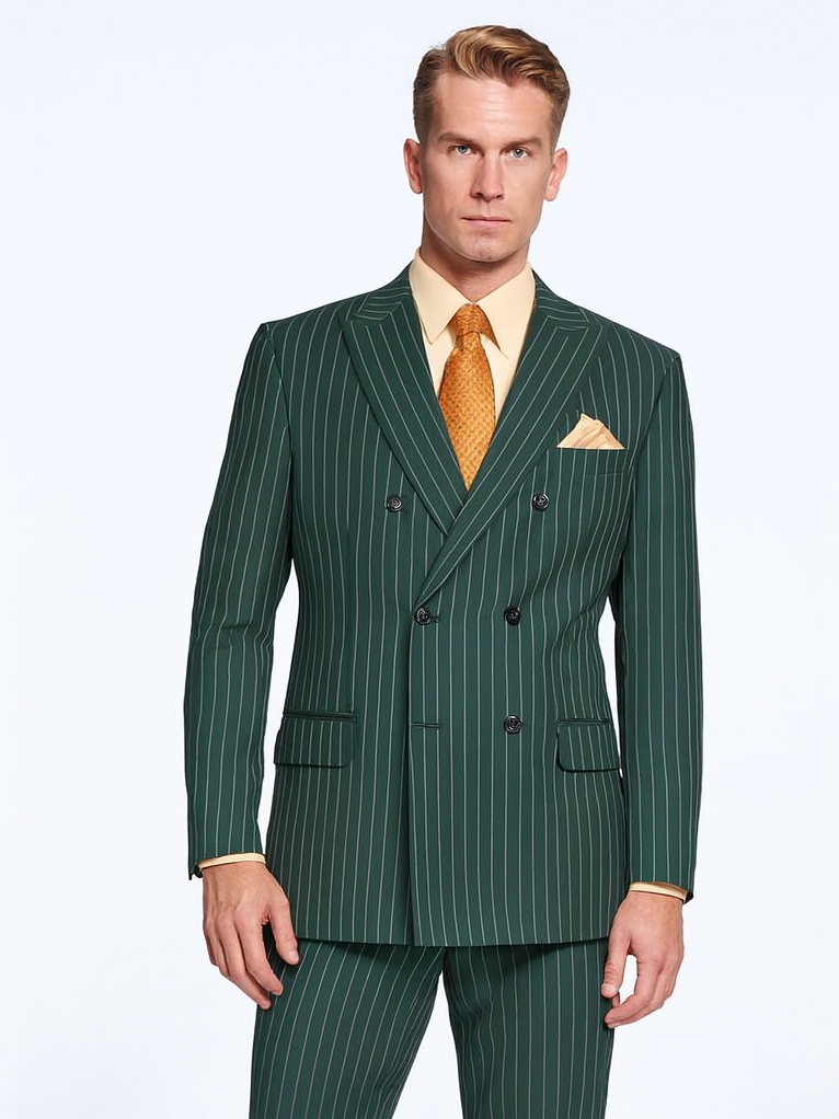 Mens Hunter Green Pinstripe Double-Breasted Suit Bold 6-Button Vintage Gangster Style 1920s Look